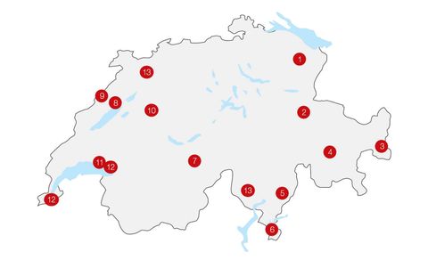 Rote Punkte markieren alle UNESCO-Standorte der Schweiz.
