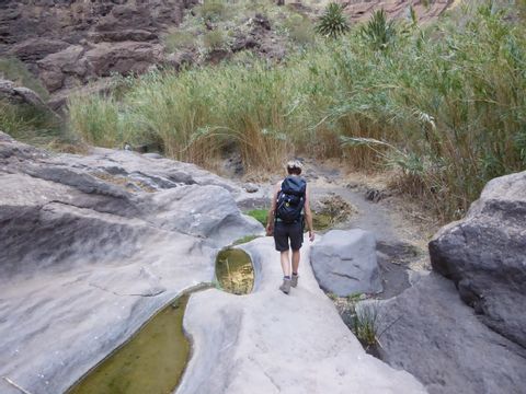 Wanderin spaziert über eine Steinformation. Teneriffa-Wandern. Wanderferien mit Eurotrek.