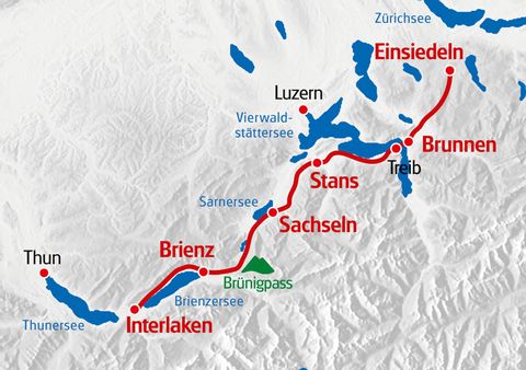 Eurotrek Karte Via Jakobi Einsiedeln - Interlaken in rot eingezeichnet.