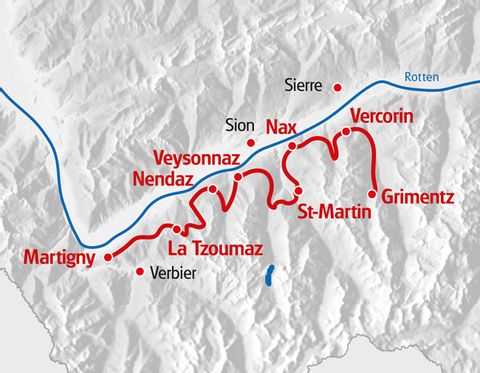 Chemin des Bisses Route in rot auf der Karte markiert.