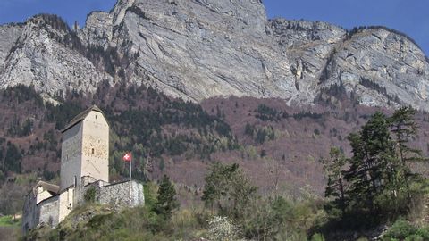 Ein Schloss zwischen Tannen, mit gehisster schweizer Flagge, und den wunderschönen Bergen im Hintergrund.