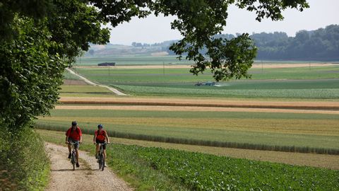 zwei Radfahrer in der Ebene von Schangnau am Waldrand entlang