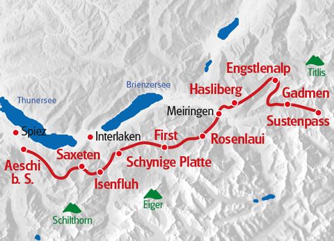 Karte Via Berna - ab Aeschi Route in roter Farbe markiert.