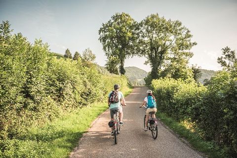 Deux cyclistes sur la piste cyclable du Parc du Doubs.