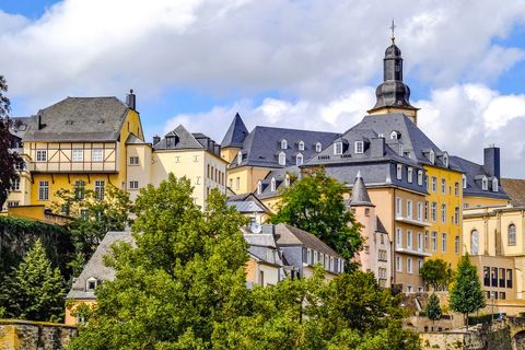 Die wunderschöne Stadt Luxembourg hinter Tannenbäumen und unter blauem Himmel.