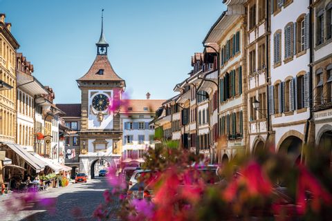 Das Berner Tor mit Altstadt und Blumen im Bild. 