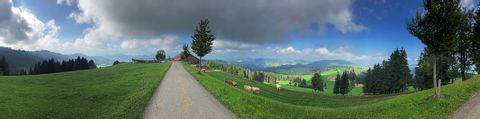Ein kleiner Bauernhof in der Ostschweiz mit Aussicht über Weideland.