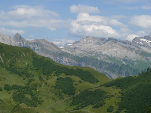 Ausblick auf eine grüne Berglandschaft mit einem Bergmassiv im Hintergrund in Frankreich.