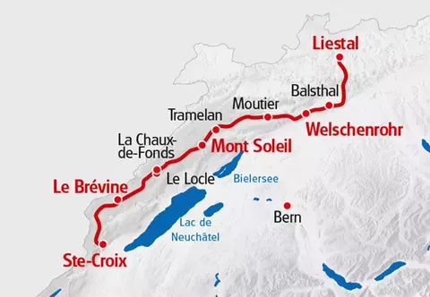 Karte mit der Veloroute Arc Jurassien mit rot eingezeichnet. 