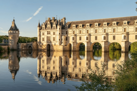 Ein Schloss steht im Wasser an der Loire in Frankreich. 