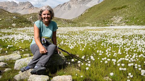 Frau, die in einer Blumenwiese sitzt. Hüttentour Davos - St.Moritz. Wanderferien mit Eurotrek.