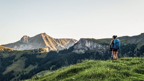 Une randonneuse se tient debout dans une prairie alpine et regarde les montagnes en arrière-plan.
