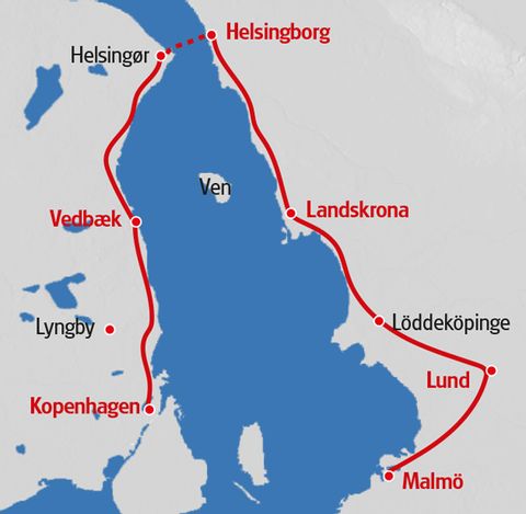 Kopenhagen - Malmoe Route in roter Farbe auf der Karte markiert.