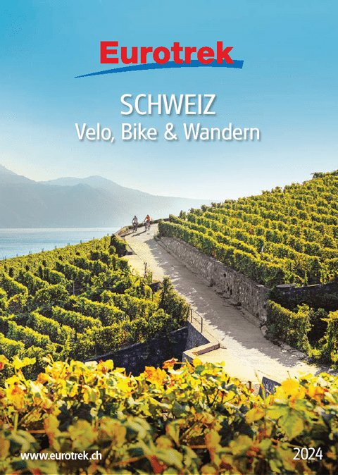 Titelbild Schweiz Katalog. Velofahrer im Lavaux vor Genfersee. 