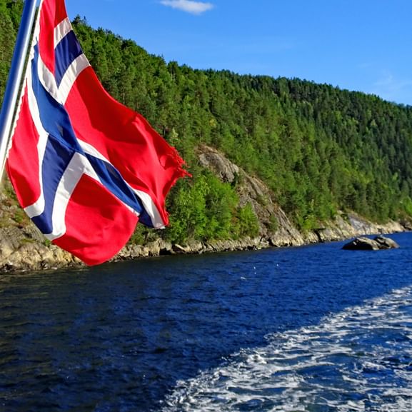 Norwegische Flagge weht im Vordergrund mit blauem Fjord und bewaldeter Felsenküste unter klarem blauen Himmel in Skandinavien.