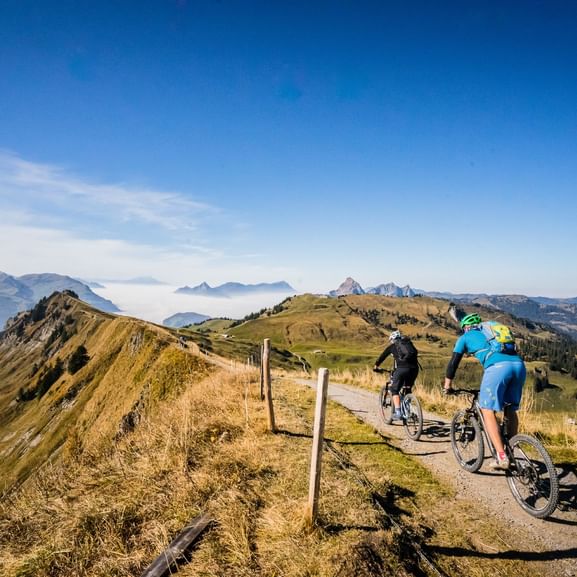 Mountainbiker auf schmalem Alpengrat Zwei Mountainbiker fahren auf einem schmalen Gratweg mit Holzpfosten. Alpine Bergketten im Hintergrund unter blauem Himmel sichtbar.