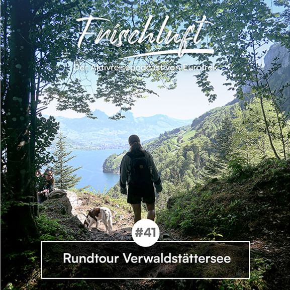 Wanderer mit Hund auf Waldweg mit Blick auf Vierwaldstättersee. Text 'Fussohrlust #41 Rundtour Verwaldstättersee' umrahmt von Bäumen.