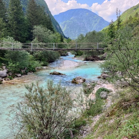 Eine Hängebrücke über dem türkisblauen Fluss Soca, Slowenien. Umgeben von bewaldeten Bergen und Bäumen,