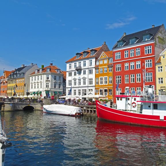 Colourful houses and boats in Nyhavn in Copenhagen