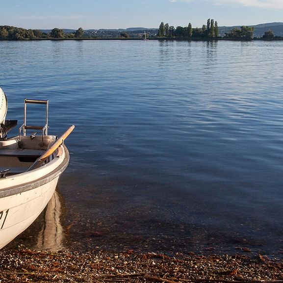 kleines Motorboot am Ufer des Bodensees