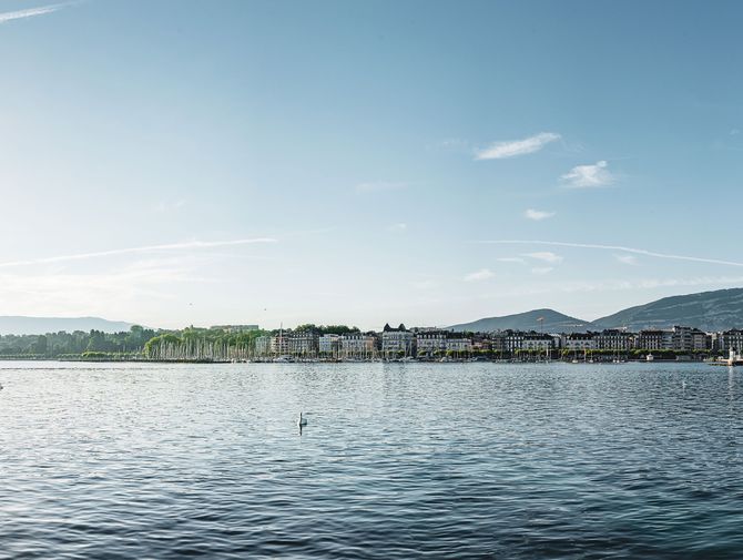 Blick auf den Lac Léman und die Stadt Genf im Hintergrund. Aktivferien mit Eurotrek.