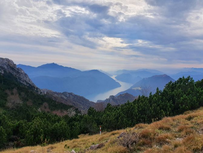 Die grüne Berglandschaft in Lago di Lugano mit Aussicht auf Berg- und Seepanorama