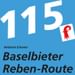 Blaues Routenschild mit Nummer 115 und Text 'Baselbieter Reben-Route' mit Veloland Schweiz Logo und rotem Qualitätszertifikat.