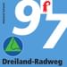 Blaues Radwegschild mit Nummer 97, Veloland Schweiz Logo und Dreiland-Radweg Text. Dreieck-Symbol mit Flussdesign sichtbar.