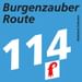Blaues Routenschild mit 'Burgenzauber Route' und Nummer '114' in Weiß, mit Schweizer Veloland-Logo und rotem Burgemblem.