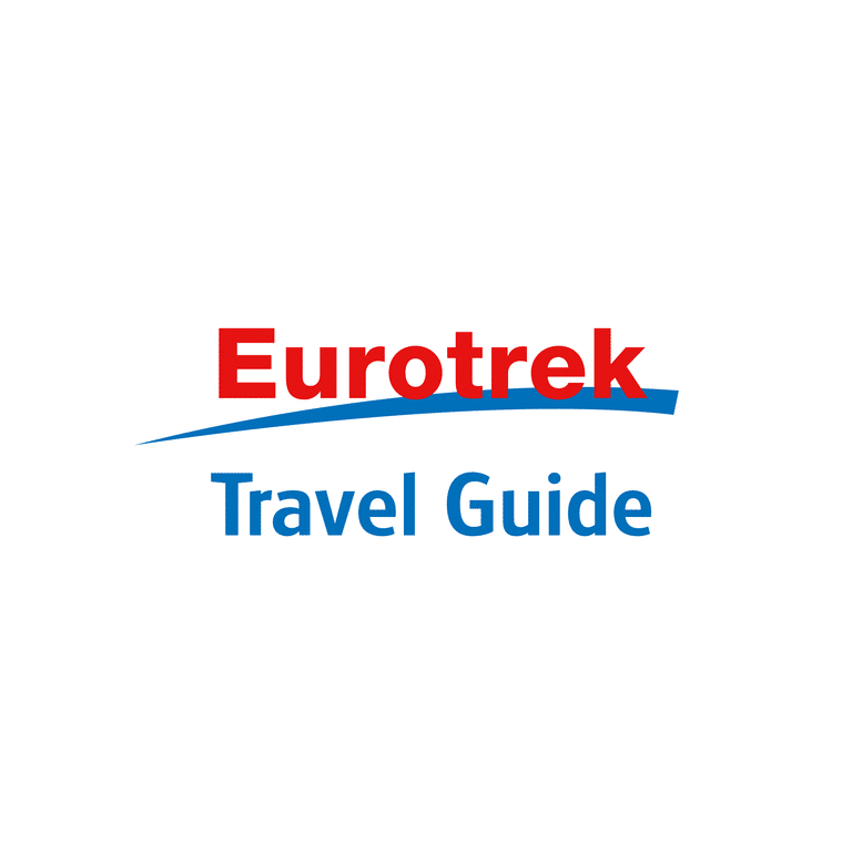 Eurotrek Travel Guide Logo mit rotem 'Eurotrek' Text und blauem 'Travel Guide' Text darunter, mit geschwungener blauer Linie auf weißem Hintergrund.