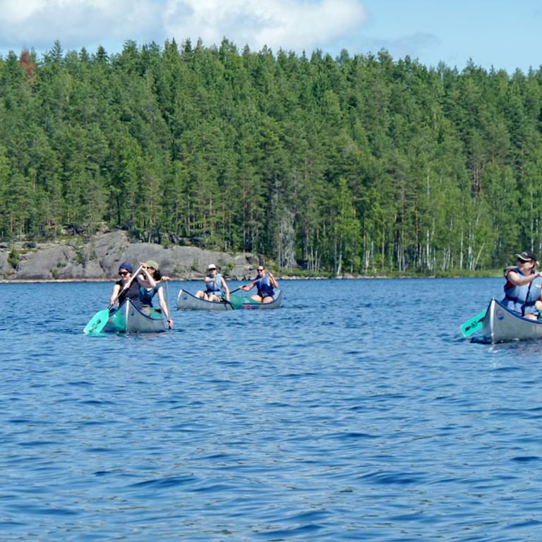Mehrere Paddler sind in Finnland auf einem See unterwegs.