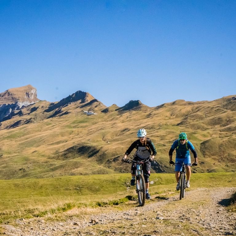 Zwei Mountainbiker fahren auf einem Schotterweg durch goldenes Grasland mit dramatischen Felsgipfeln in der Zentralschweiz unter blauem Himmel.